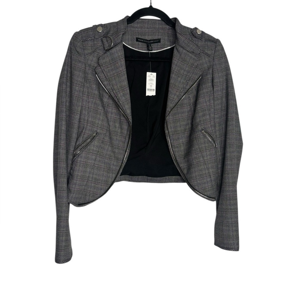 White House Black Market Business Plaid Moto Jacket in Grey w Cabernet Size 2